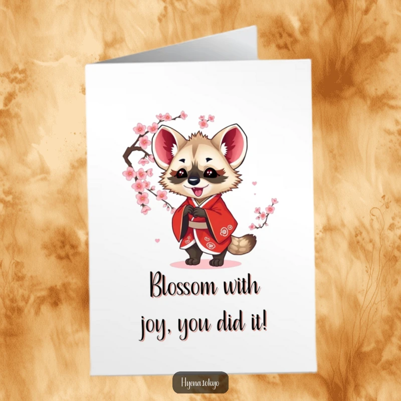 Funny Free Printable Congratulations Card: Hyena in red kimono celebrating with blossoms.