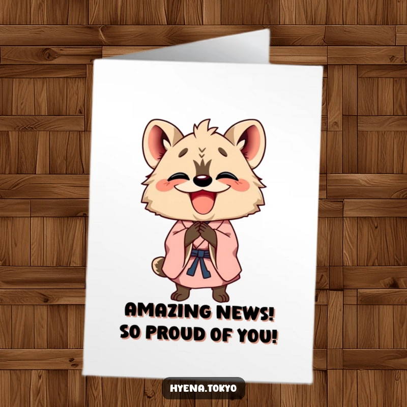 Funny Free Printable Congrats Card: A happy hyena in a kimono bowing with a wide grin to celebrate you.