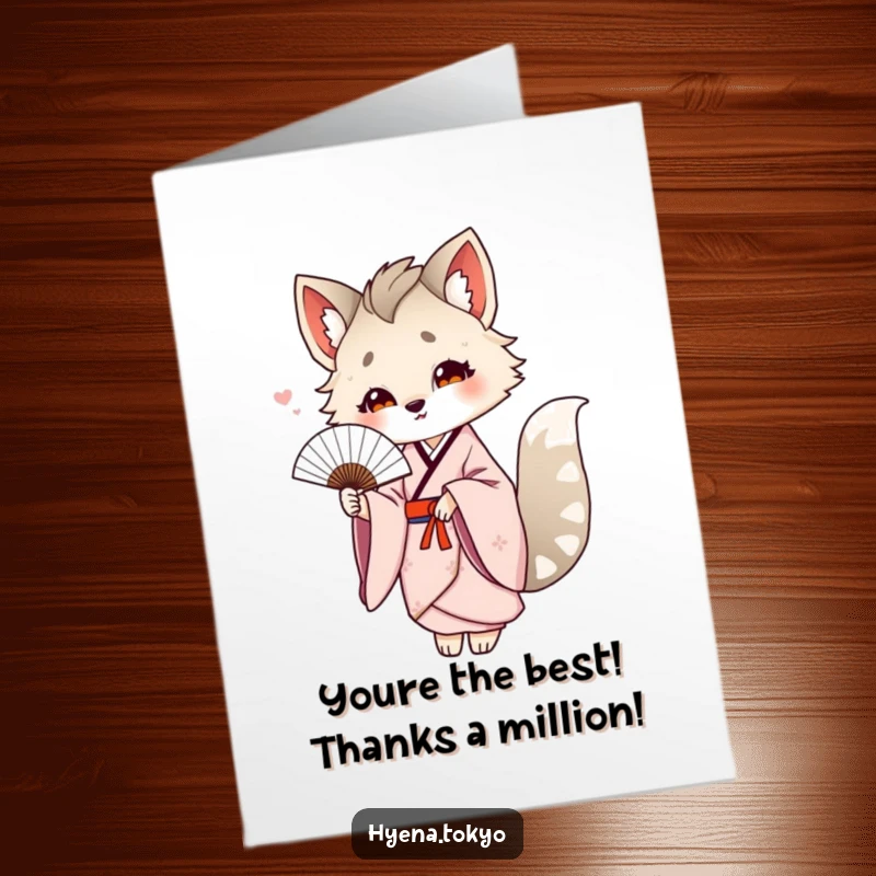 Funny Free Printable Thank You Card: Hyena in a flowing kimono offering a delicate fan as a token of thanks.