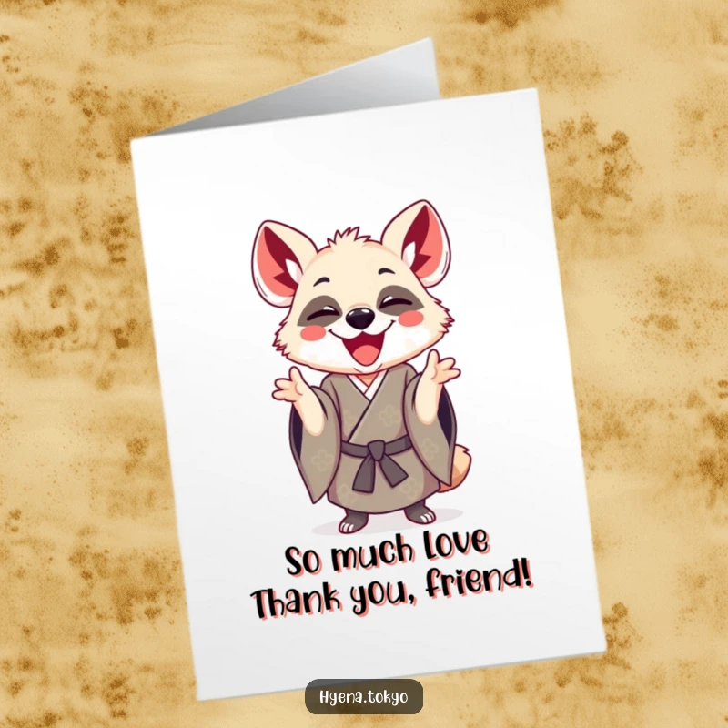 Funny Free Printable Thank You Card: A joyful hyena in a kimono, playfully gesturing thanks with a wide grin.