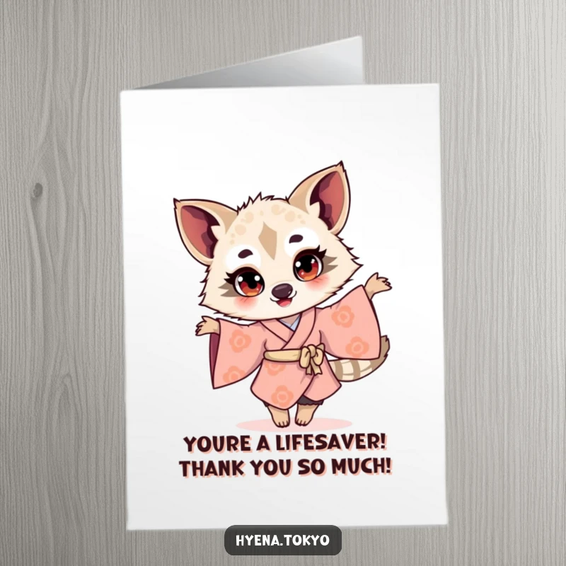 Funny Free Printable Thank You Card: Hyena in a kimono twirling with bright eyes, sending thanks your way.