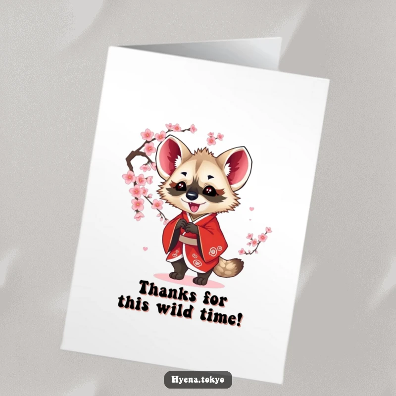 Funny Free Printable Thank You Card: Hyena in red kimono offering a blossom.