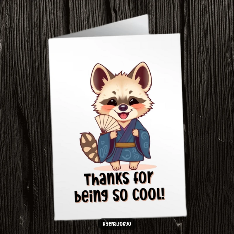 Funny Free Printable Thank You Card: Hyena in blue kimono holding fan joyfully, expressing thanks with charm.