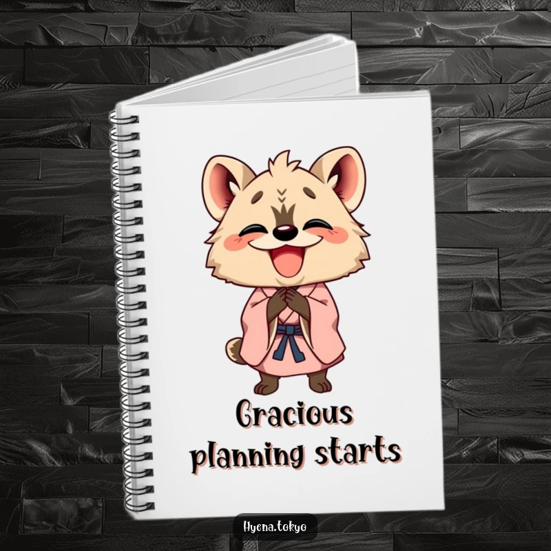Funny happy hyena in a kimono bowing with a wide grin, designed as a notebook cover for cheerful and humorous journaling.