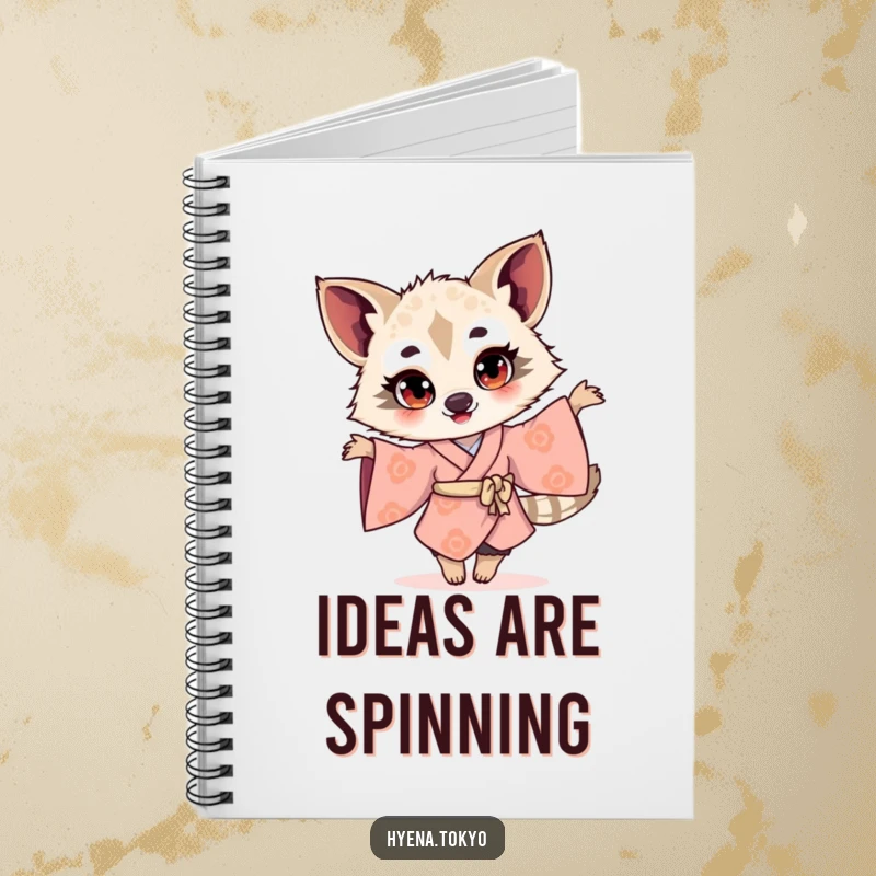 Funny hyena illustration in a kimono twirling with bright eyes, designed as a notebook cover for joyful and humorous journaling.