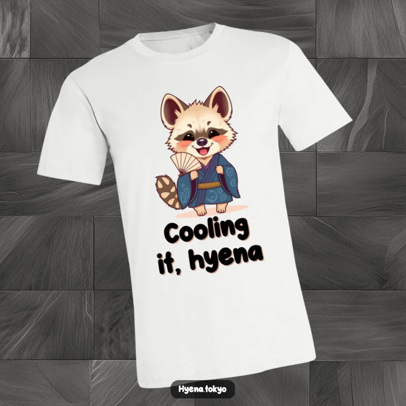 Funny Hyena Fan T-Shirt: A hyena character dressed in a deep blue kimono, joyfully holding a small, decorative fan, stylish and humorous.