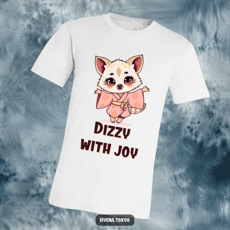 Funny hyena illustration in a kimono, captured mid-twirl with bright, excited eyes, a joyous graphic on a t-shirt.