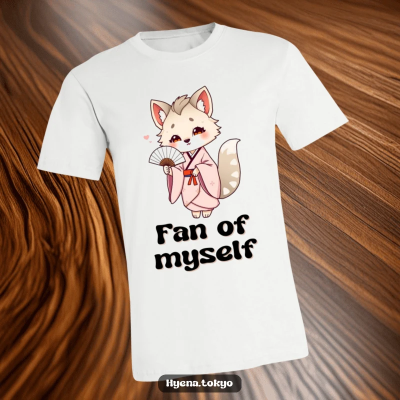 Funny hyena wearing a flowing kimono, presenting a delicate fan, a humorous and elegant graphic on a t-shirt.