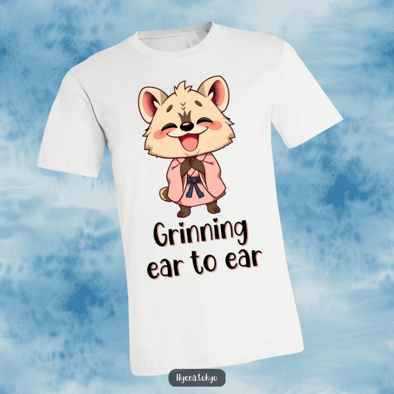 Funny happy hyena in a kimono bowing with a wide grin, a cheerful graphic on a t-shirt representing politeness and humor.