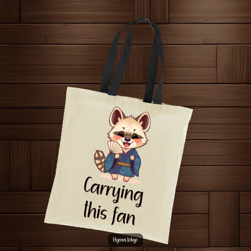 Funny Hyena Fan Tote Bag: A stylish tote featuring a hyena in a blue kimono holding a decorative fan, perfect for everyday use.
