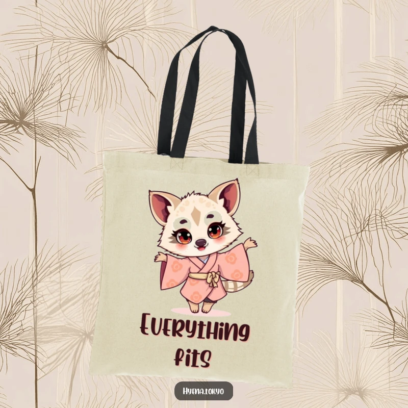 Funny hyena illustration in a kimono twirling with bright eyes, showcased on a tote bag for joyful and humorous carrying.