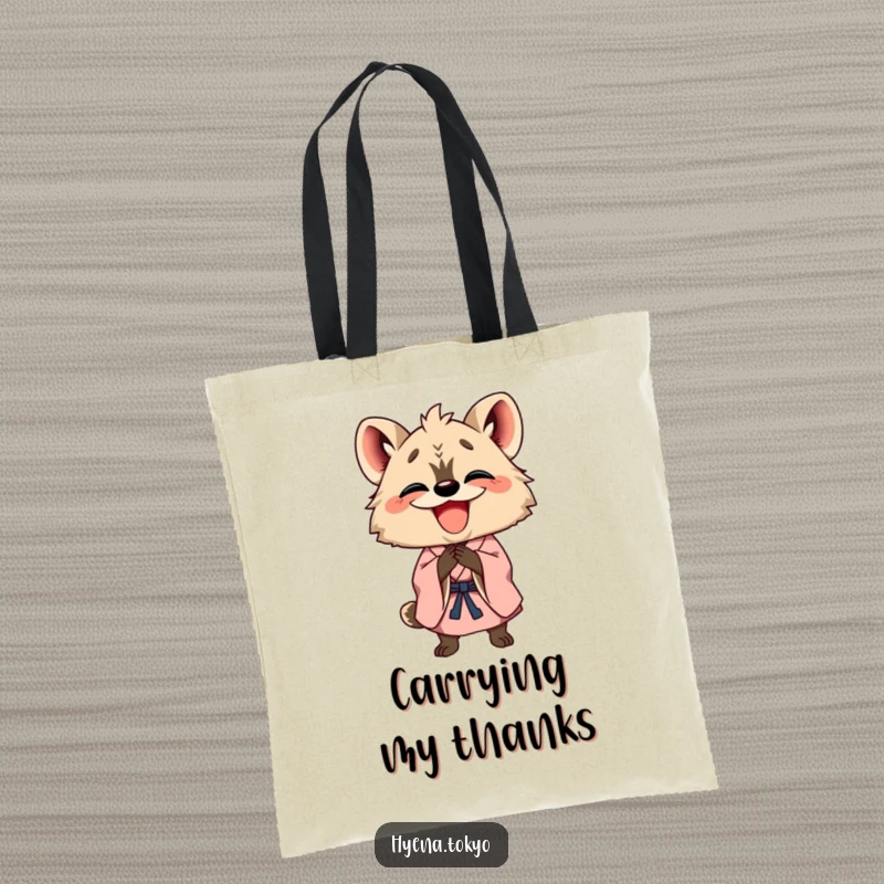 Funny happy hyena in a kimono bowing with a wide grin, showcased on a tote bag for cheerful and humorous carrying.