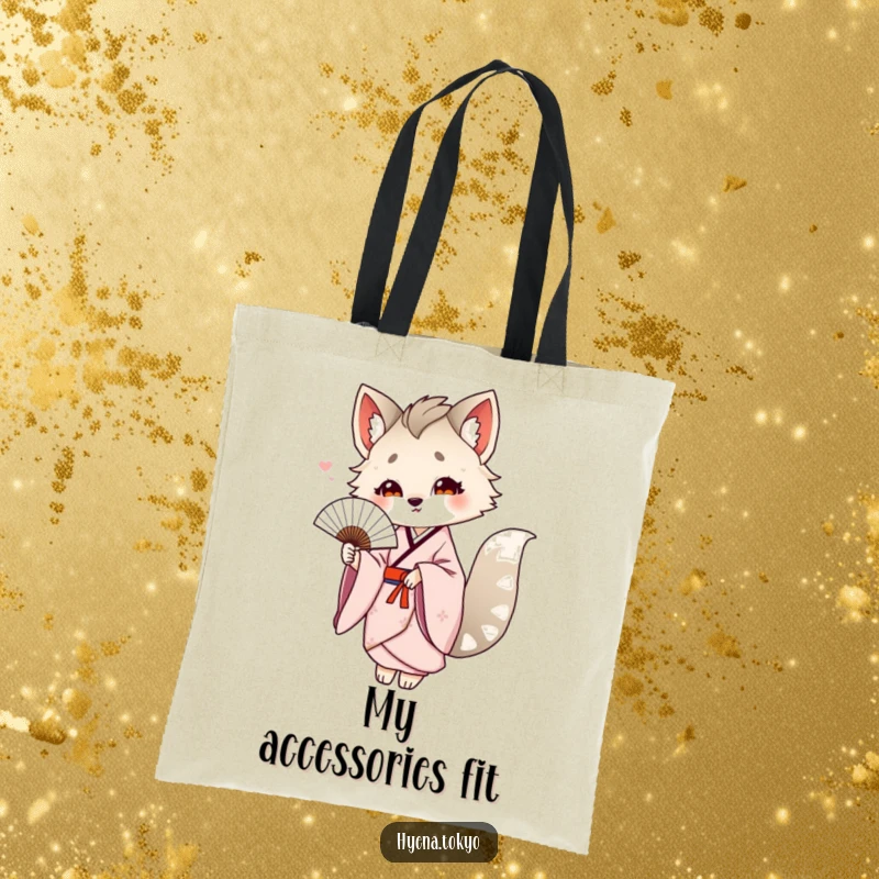 Funny hyena in a kimono offering a delicate fan, showcased on a tote bag for stylish and humorous carrying.
