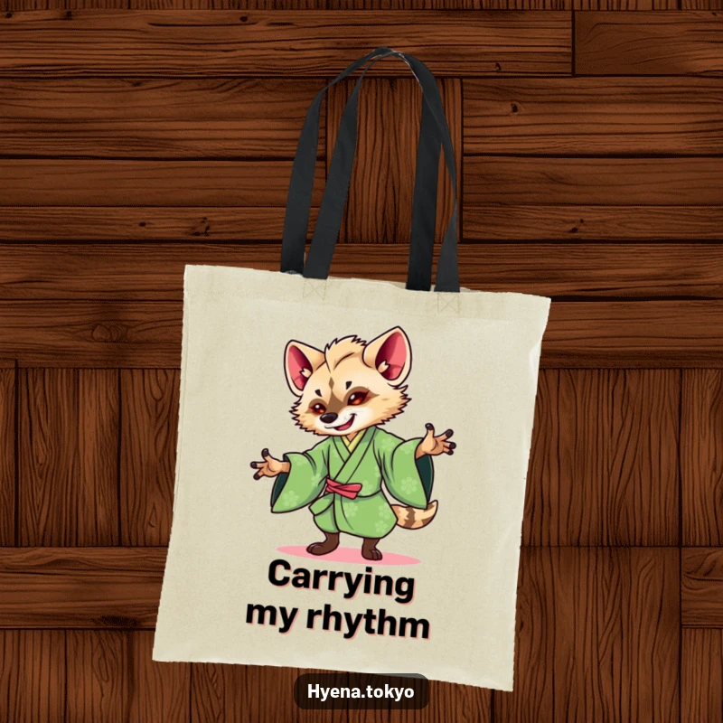 Funny Hyena Kimono Tote Bag: A stylish tote featuring a hyena in a green kimono dancing gracefully, perfect for carrying essentials.